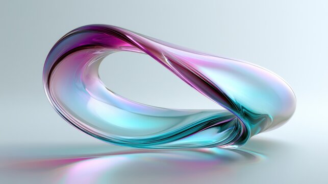 A smooth glass mobius strip with iridescent pink and blue reflections glowing softly in studio light. This abstract shape represents infinite concepts for modern technology.