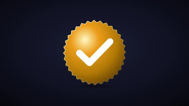 Golden Verified Checkmark Badge Animated Icon Popping on Dark Background for Quality Assurance