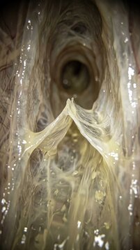 Translucent lymphatic bicuspid valve, opening inside human vessel lumen, directing amber fluid flow, clinical microendoscopy macrograph detailing collagen membrane.