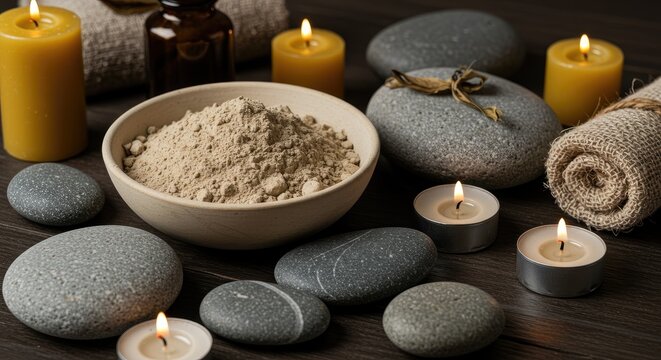 Spa relaxation with stones and candles.