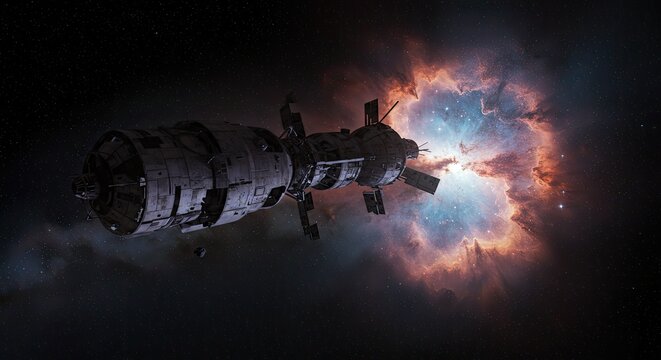 Spacecraft approaching a cosmic explosion galaxy.