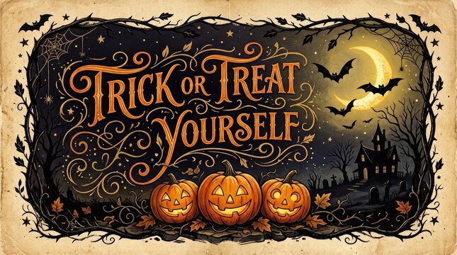Vintage halloween design with pumpkins bats and spooky haunted house illustration