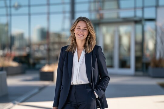 Smiling businesswoman outdoors in front of a sleek office building, urban business district