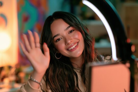 Smiling Latina teen content creator waves at the webcam during a home vlog