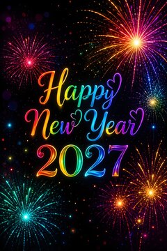Happy new year 2027 greeting card design with colorful glowing text and bright sparkling fireworks exploding in the night sky for a festive holiday celebration and party background