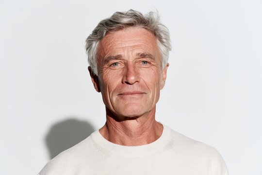 Smiling senior man portrait against a clean white studio background