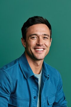 Smiling man in a blue jacket posed against a vibrant green background