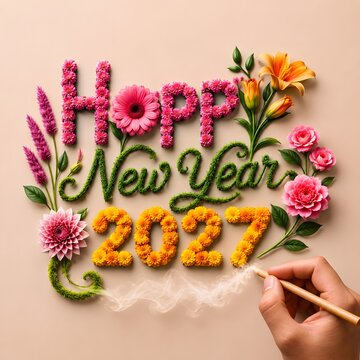 Happy new year 2027 lettering made of colorful flowers and green leaves with a hand drawing with a pencil on a soft pink and orange background