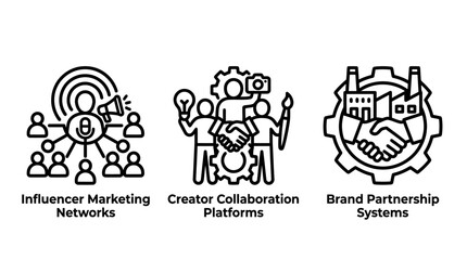 Fototapeta premium Set of influencer marketing and brand partnership platform vector icons with influencer marketing collaboration platform partnership handshake industry lightbulb photography business