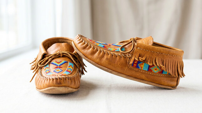 Leather moccasin traditional footwear with colorful stitching patterns  
