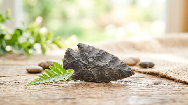 Stone arrowhead artifact on a wooden surface with greenery  