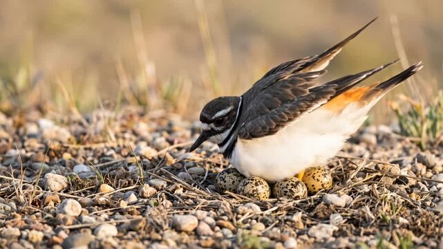 killdeer with eggs close up at morning light in california usa coastal wetlands video
