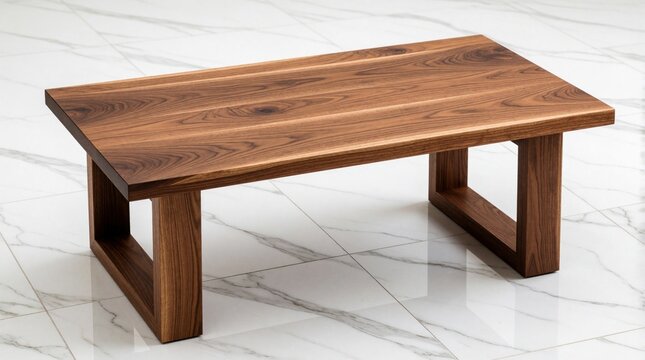Modern wooden table with rich brown wood grain sits on a shiny white tiled floor. This simple, functional furniture piece offers a clean, elegant design for home or office interiors.