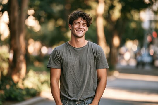 Smiling young adult man in relaxed clothing posing in natural light
