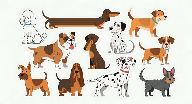 Various Dog Breeds Illustration - A Colorful Collection of Canine Companions.