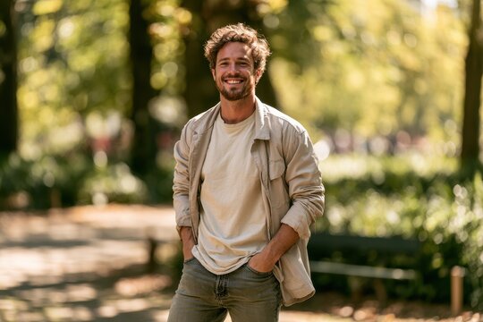 Smiling young man in relaxed casual wear posing outdoors in a sunlit park