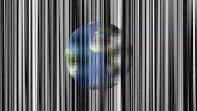Abstract digital earth globe with halftone dot pattern on silver grey metallic stripes background
