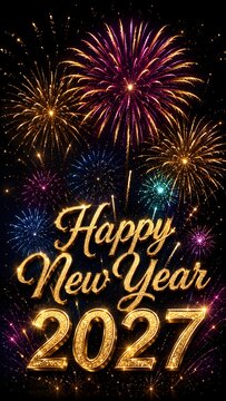 Happy new year 2027 gold text with colorful glowing fireworks in the night sky for holiday celebration party greeting card design with festive shiny lights and dark background