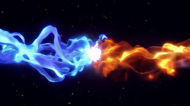 Majestic ethereal blue ice and orange fire particles clashing in cosmic void with dual elemental energy effects