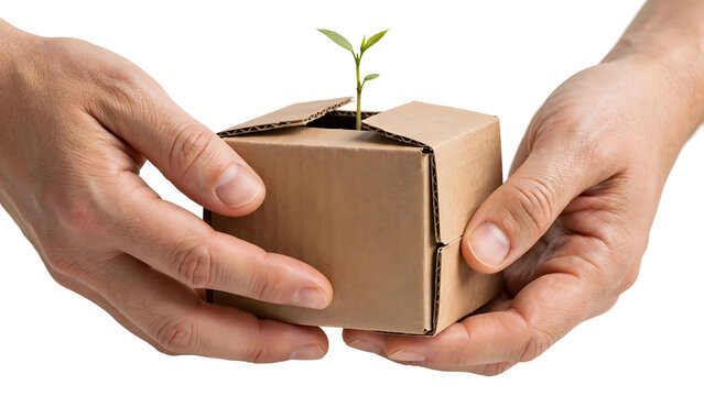 Hands Holding Cardboard Box with Green Plant Sprout Isolated on White Background
