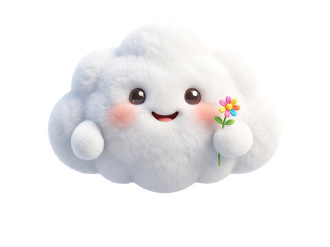 Cute fluffy white cloud character with flower, 3D render