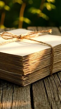 stack of aged paper tied with twine sitting on a rustic wooden table during golden hour sunlight peaceful mood