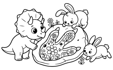Cute cartoon triceratops and two bunnies looking at a large floral dinosaur footprint for a coloring page © Maruf Hasan