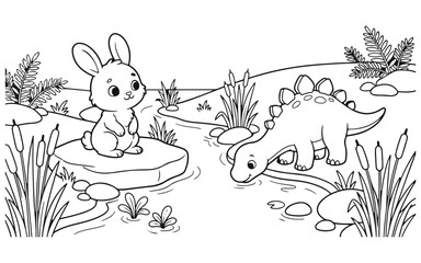 Cute cartoon bunny sitting on a rock watching a friendly stegosaurus dinosaur drinking water in a pond © Maruf Hasan