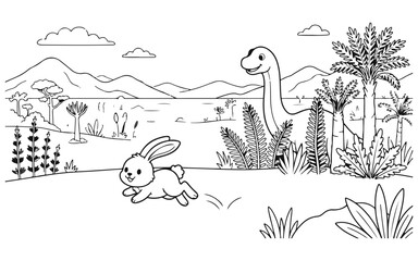 Cute cartoon rabbit jumping in a prehistoric landscape with a friendly long neck dinosaur and tropical plants © Maruf Hasan