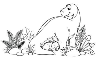 Cute cartoon dinosaur standing with a small sleeping bunny in a prehistoric jungle setting for kids coloring page © Maruf Hasan
