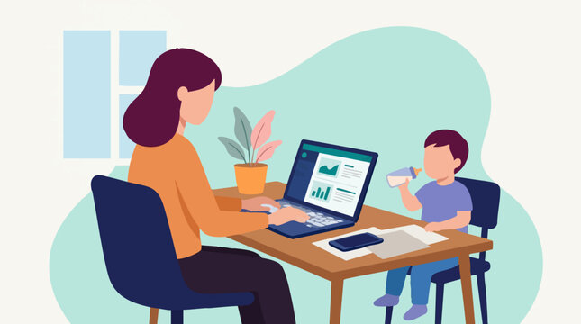 Woman working from home with child, balancing work and family life
