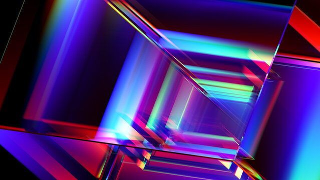 Colorful glass geometry with intersecting cubes and intense spectral reflections. Futuristic background with geometric glass forms and vibrant prismatic colors for creative visual projects. 3d render