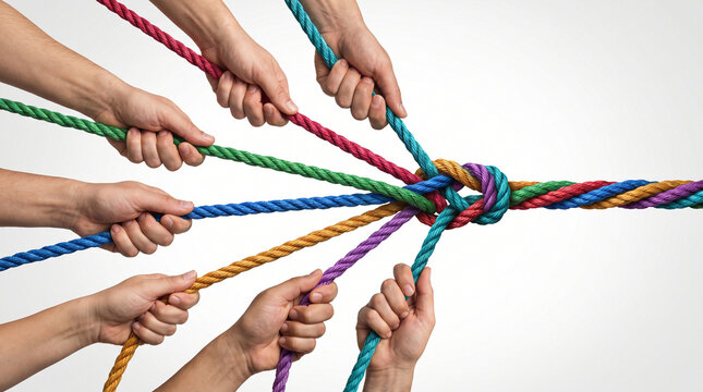 Collaborative teamwork and unity concept showing diverse hands pulling colorful ropes tied into a strong central knot