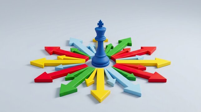 A blue chess king standing in the center of many colorful arrows pointing in different directions on a grey background