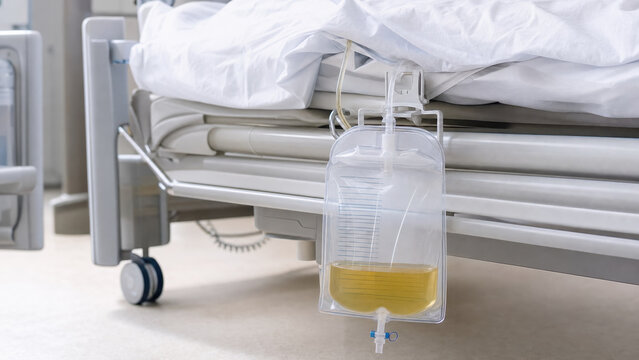 Urinary catheter drainage bag hanging from hospital bed with urine, patient care, urology, postoperative recovery and medical healthcare equipment