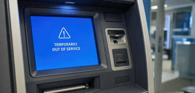 ATM screen showing temporarily out of service error message, banking machine failure, cash withdrawal problem, technical malfunction and financial service outage