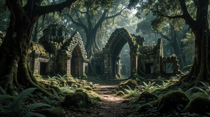 Obraz premium Ancient stone archway, weathered ruins stand deep inside rich green jungle. Moss covers old temple structures among massive trees, thick foliage. Mysterious historical site hidden in dense forest