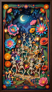 D&iacute;a de los Muertos / Day of the Dead. Paper art of dancing skeletons celebrating with flowers under a moonlit sky