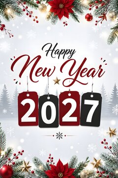 Happy new year 2027 greeting card with hanging tags and festive winter decorations like pine branches and red poinsettia flowers in a snowy seasonal frame