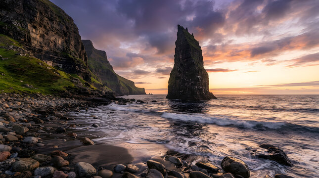 Coastal cliffs and sea stack rise from the ocean at sunset