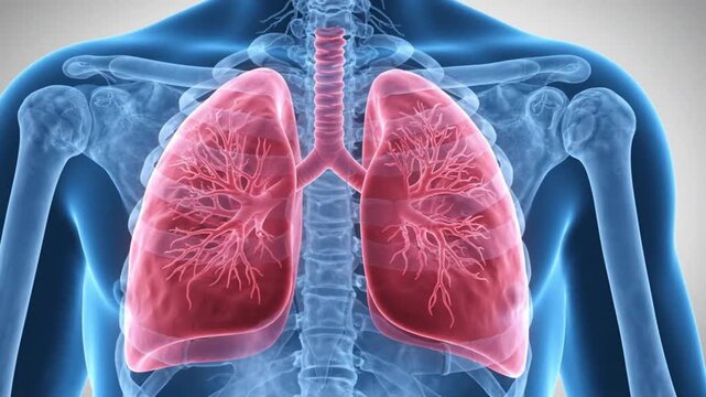 3d medical illustration of human lungs and respiratory system anatomy showing bronchial tree and rib cage structure inside a transparent human torso