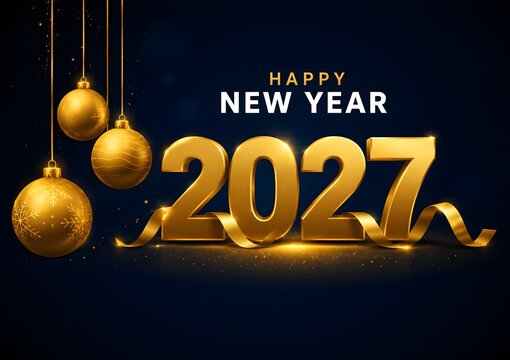 Happy new year 2027 gold text with hanging glossy baubles on a black background for a festive holiday celebration greeting card design