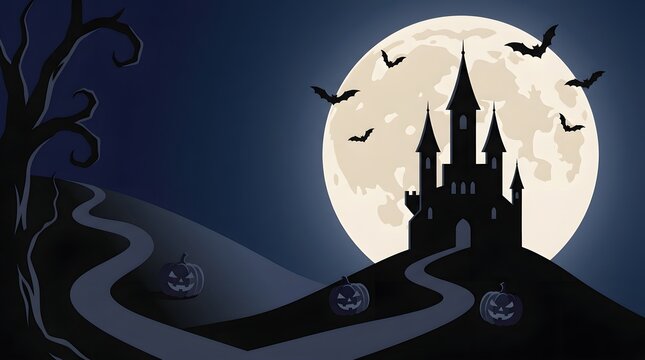 Spooky haunted castle silhouette on a hill under a large full moon with flying bats for halloween background