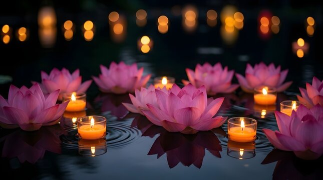 Beautiful pink lotus flowers and glowing tea light candles floating on dark water at night for celebration