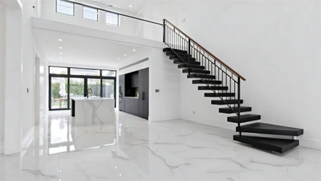 Modern interior of a spacious open-plan living area with a black staircase