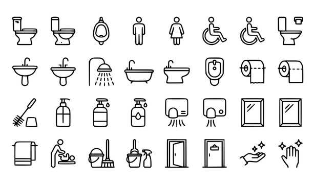 Minimal toilet and hygiene editable stroke line icon set featuring restroom bathroom fixtures sanitary accessories accessibility cleaning and public facility symbols