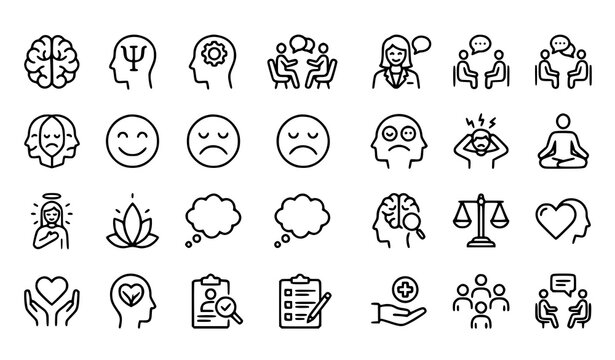 Psychology and mental health editable stroke line icon set featuring therapy counseling emotions psychoanalysis brain wellness support meditation and assessment