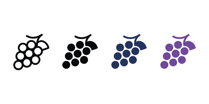 grapes icon set, outline black blue and purple grape fruit symbols, editable eps vector collection isolated transparent background
