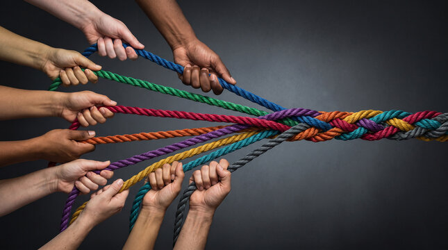 Corporate synergy and diverse collaboration concept with multiple hands weaving colorful ropes into a single strong braided unified strand