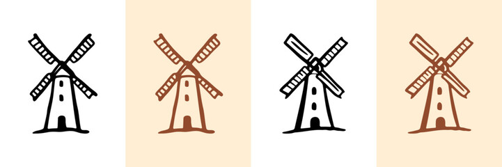 Obraz premium Windmill Hand Drawn Doodle Icon Set. Traditional Windmill Structure Sketch Symbol Collection. Renewable Energy And Rural Landscape Agriculture Context. Isolated Vector Illustration